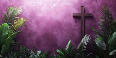 Cross against a vibrant purple wall surrounded by lush green plants in a serene atmosphere photo