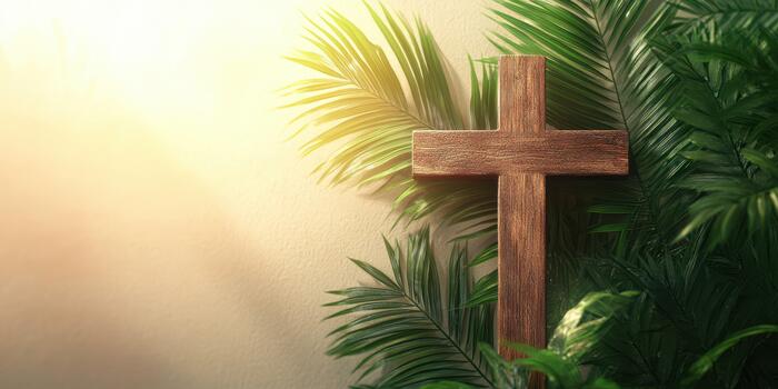 Wooden cross surrounded by lush greenery in a serene setting with soft light filtering through photo