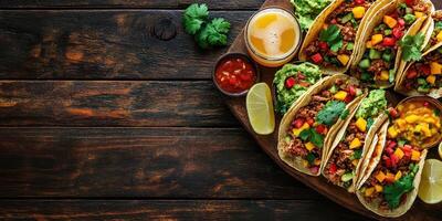 Delicious assorted tacos with fresh ingredients and garnishes on wooden table photo