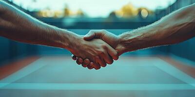 Tennis players shaking hands after a match on a sunny day at the court photo