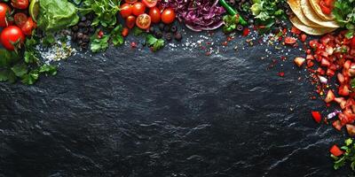 Fresh ingredients arranged on dark slate for vibrant culinary preparation at a kitchen counter photo