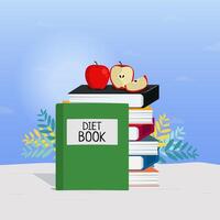 Pile of books and apples on top. Diet book concept illustration vector