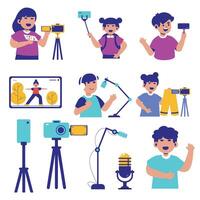 An array of flat design icons depicting various content creators and their vlogging equipment. vector