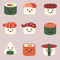 Cute Cartoon Sushi Characters with Fun Expressions and Colorful Designs vector