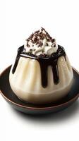 Creamy dessert topped with chocolate sauce and whipped cream served on a black plate photo