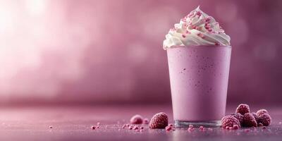 Delicious raspberry milkshake topped with whipped cream served in a glass against a soft pink background photo