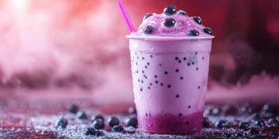 Refreshing purple smoothie with tapioca pearls on a vibrant background during a summer gathering photo