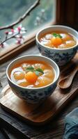 Delicious fruit dessert with vibrant colors served in decorative bowls near a window with natural light photo