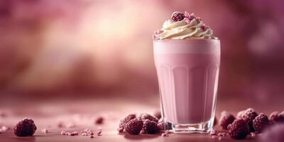 Smooth raspberry milkshake topped with whipped cream and raspberries on a blurred pastel background photo