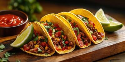 tacos con Fresco coberturas servido en un de madera tablero con Lima y salsa foto