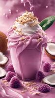 Delicious raspberry coconut dessert with whipped cream and shaved coconut on top photo