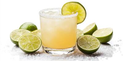 Refreshing cocktail served with lime and salt on a clean surface, perfect for summer gatherings and celebrations photo