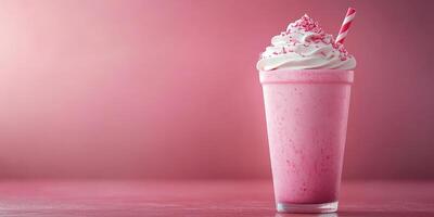 Delicious pink milkshake topped with whipped cream and sprinkles against a soft pink background photo