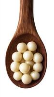 Delicious white dough balls in a wooden spoon ready for cooking or serving at home or events photo