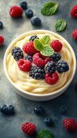 Fresh berry yogurt topped with mint leaves captured in bright, vibrant colors on a textured background photo