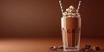 Creamy chocolate milkshake topped with whipped cream and chocolate sprinkles in a glass with straws photo