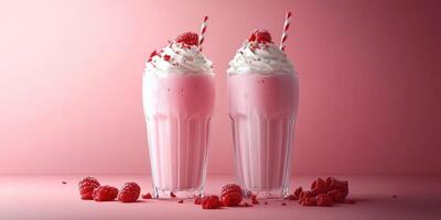 Refreshing raspberry milkshakes served in tall glasses with whipped cream and red straw accents for a delightful treat photo