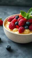 Delicious bowl of creamy dessert topped with fresh raspberries, strawberries, and blueberries in a cozy setting photo
