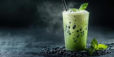 Refreshing green drink with tapioca pearls and mint leaves served in a frosty glass on a dark surface photo