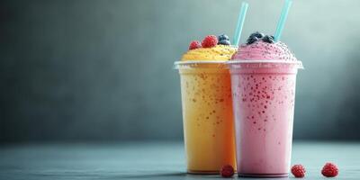 Vibrant fruit smoothies with raspberries and blueberries served in clear cups on a dark countertop photo
