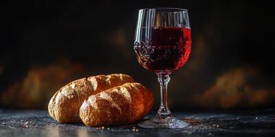 Red wine and fresh bread arranged on a rustic table for a cozy evening gathering photo