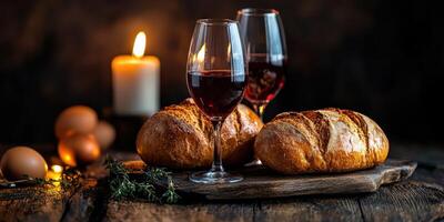 Enjoying a cozy dinner with bread, wine, and candles in a rustic setting on a cold evening photo