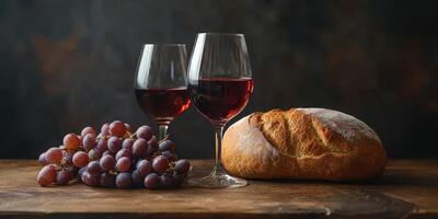 Enjoying a cozy evening with red wine, fresh bread, and grapes at home photo