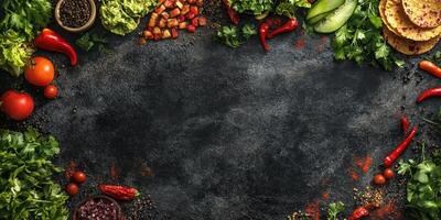 Fresh ingredients laid out for preparing a vibrant Mexican dish in a rustic kitchen setting filled with spices and vegetables photo