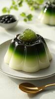 Delicious layered jelly dessert with green tea and sweet toppings served on a white plate photo
