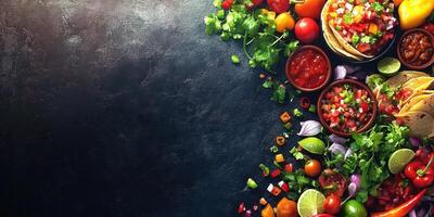 Colorful assortment of fresh ingredients and tacos arranged on a dark surface for a lively culinary presentation photo