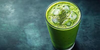 Refreshing green smoothie with ice cubes served in an elegant glass on a dark surface photo