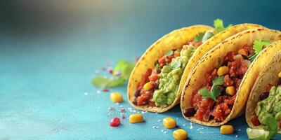 Delicious tacos filled with seasoned meat, guacamole, and fresh toppings served on a colorful surface photo