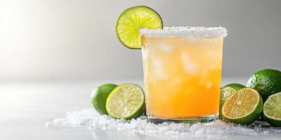 Refreshing citrus cocktail garnished with lime on a light background with ice and fresh fruit photo