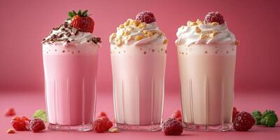 Delicious milkshakes served in tall glasses with fresh toppings on a vibrant background photo