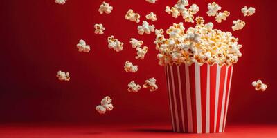 Popcorn bursts into the air from a striped bucket against a vibrant red background, capturing a playful and energetic moment photo