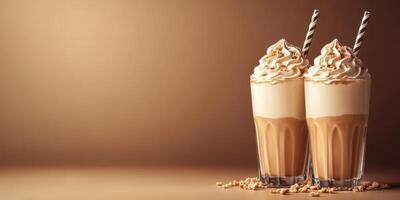 Creamy coffee beverages served in tall glasses on a smooth surface with elegant straws photo