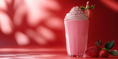 Refreshing strawberry smoothie in a glass garnished with whipped cream and strawberries against a vibrant red background photo