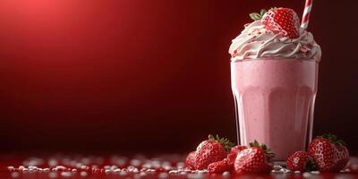 Refreshing strawberry milkshake topped with whipped cream and fresh strawberries in a cozy setting photo