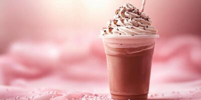 Whipped cream topped chocolate drink with chocolate shavings and straw in a soft pink background during a sunny afternoon photo