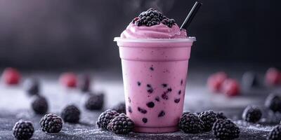 Delicious berry smoothie with blackberries and raspberries on a dark background photo