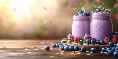 Mixed berry smoothies in glass jars on wooden table with fresh berries and oats in the sunlight photo