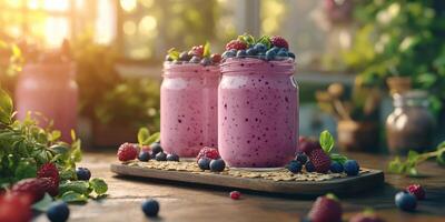 Refreshing berry smoothies served in jars on a wooden table surrounded by fresh fruits in a sunlit kitchen photo