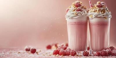 Refreshing raspberry dessert drinks topped with whipped cream and nuts served on a delicate surface photo