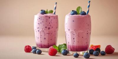 Delightful berry smoothies served in chilled glasses with fresh mint leaves decorating the top in a light brown setting photo