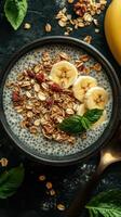 Healthy breakfast bowl with chia seeds, oats, bananas, and mint served in a rustic setting photo