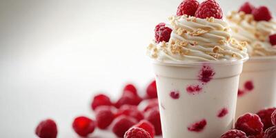 Creamy raspberry dessert topped with fresh berries and crushed cookies in a clear cup photo