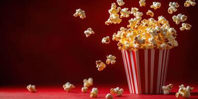Freshly popped popcorn overflowing from a striped bucket against a vibrant red background photo