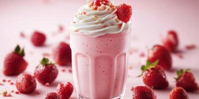 Strawberry milkshake topped with whipped cream and fresh berries in a vibrant pink setting finished with crumbled treats photo