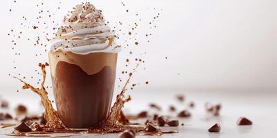 Delicious chocolate milkshake with whipped cream and chocolate splashes on a light background in a dessert setting photo
