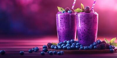 Refreshing berry smoothies served in tall glasses, decorated with mint leaves and colorful straws photo